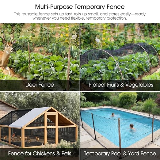 Deer Fence, RIFNY 2.6 x 50 FT Temporary Fence for Garden Outdoor Yard, Plastic Mesh Fencing Netting to Protect Plants Fruit from Deer Dogs Chicken Animal (Black)