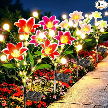 WdtPro Upgraded Solar Garden Lights Outdoor: 8 Pack 2-in-1 Solar Firefly Swaying Light with Lily Flower and Glowing Stem, Waterproof Garden Decor for Yard Patio Pathway Lawn, Gardening Gifts for Women