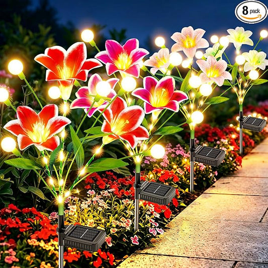 WdtPro Upgraded Solar Garden Lights Outdoor: 8 Pack 2-in-1 Solar Firefly Swaying Light with Lily Flower and Glowing Stem, Waterproof Garden Decor for Yard Patio Pathway Lawn, Gardening Gifts for Women