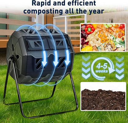 Yesker Dual Chamber Compost Bin Outdoor, 43 Gallon Rotating Tumbling Composter with Sliding Doors, Fast Assembly for Garden, Backyard & Kitchen Waste