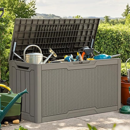 YITAHOME 80 Gallon Resin Deck Box | Weather Resistant Outdoor Rattan Storage Box, Lockable Indoor Outdoor Storage for Supplies and Essentials, Taupe