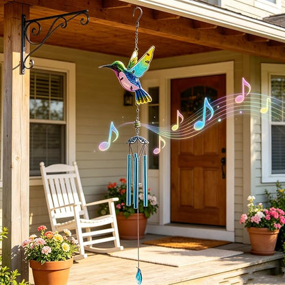Wind Chimes Hummingbird, Garden Wind Chime for Home, Party, Festival Decor, Glass Garden Patio Yard Porch Decoration Indoor/Outside, Lifelike Hummingbird Deep Tone Style
