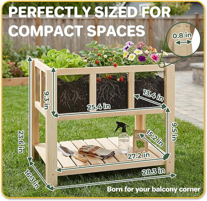 Raised Garden Bed for Small Balcony, 28.3''x16.3''x23.6'' Wood Planter Box with Transparent Window, Drainage Holes, Storage Shelf, Garden Beds Flower Stand Patio Kitchen, Gift for Gardening