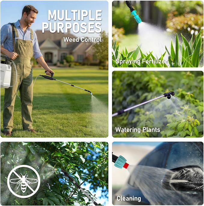 Weed Sprayer 2 Gallon, 7.4V Battery Powered Sprayer, Weed Killer Sprayers with 5 Mist Nozzles,Rechargeable Handle,Retractable Wand and Adjustable Strap for Garden, Yard,Lawn