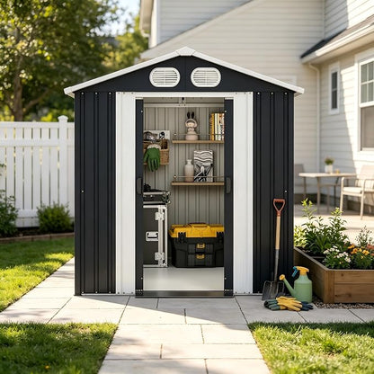 PVWIIK 8x6 ft Metal Outdoor Storage Shed with Windows & Air Vents, Lockable Waterproof All-Weather Utility Shed for Garden Tools & Trash Bins, Dark Gray
