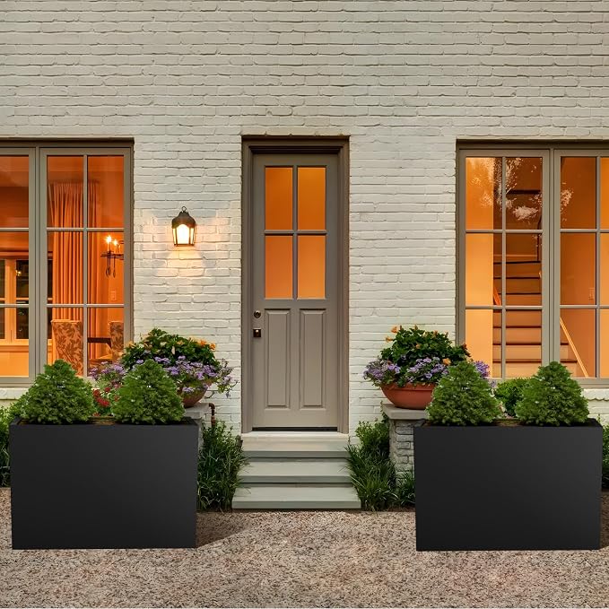 28"x12"x28" Large Metal Planter Box, Heavy-Duty Rust Resistant Steel Planter with Drainage Hole, Modern Rectangular Planter for Outdoor Indoor Patio Garden Yard (Black)