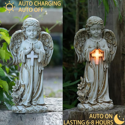 Rezpuao Angel Statue for Garden,Solar Angel for Cemetery Decorations,Garden Memorial Angels,Resin Praying Angels Figurine for Patio Lawn Yard Porch Decorations,12.12inch