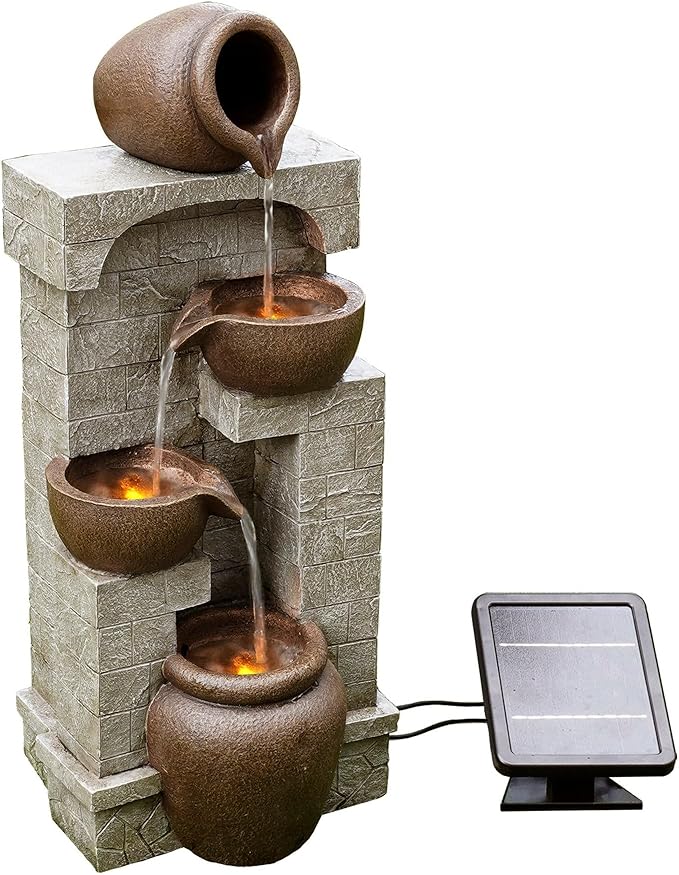 Teamson Home 28 in. Cascading Bowls and Stacked Stones LED Outdoor Water Fountain for Outdoor Living Spaces to Create a Calming Oasis in Gardens and Landscaping, on Patios, Balconies, Lawns, Brown | Outdoor Water Fountain, For Gardens and Landscaping, ...