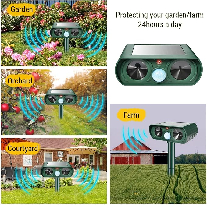 2 Pack Solar Ultrasonic Animal Repellent Deer Repellent Devices Cat Repellent Outdoor Motion Activated Rabbit Squirrel Repellent Waterproof for Yard, Farm, Garden