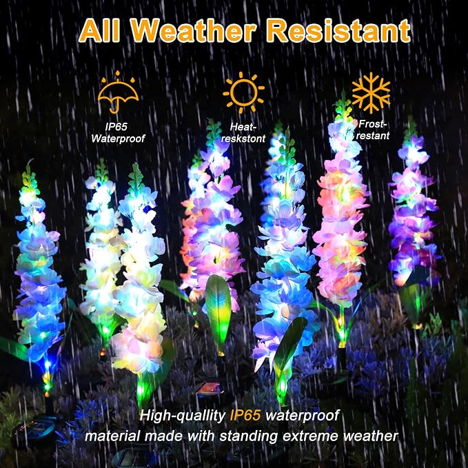 Solar Garden Lights Solar Delphinium Flowers Lights 4 Pack Waterproof Outdoor Light for Outside Wedding Party Garden Yard Patio Lawn Decor 4 Colors Combo