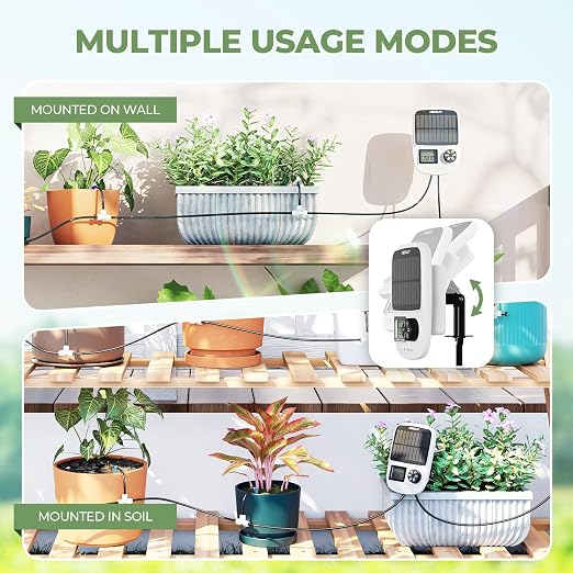 HIRALIY Solar Drip Irrigation System with Timer, Automatic Plant Watering Kit with USB Backup, 12 Drip Emitter Stakes, 40FT Tubing, Water Shortage Alarm for Potted Plants, Patio & Indoor Use