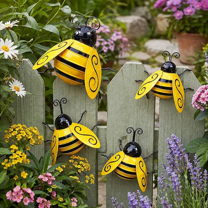 MACLARONX 4 PCS Metal Bumble Bee Garden Decor Outdoor Honey Bee Fence Yard Art Outside Patio Home Wall Decoration