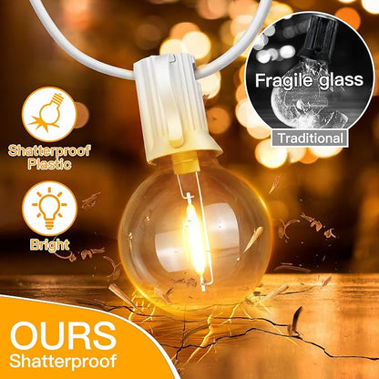 Ollny 50FT Outdoor String Lights, Waterproof Connectable Shatterproof Outside Light with 25 Edison + 2 Spare LED Bulbs Plug in, Patio Lights for Indoor Balcony Porch Camping Deck White
