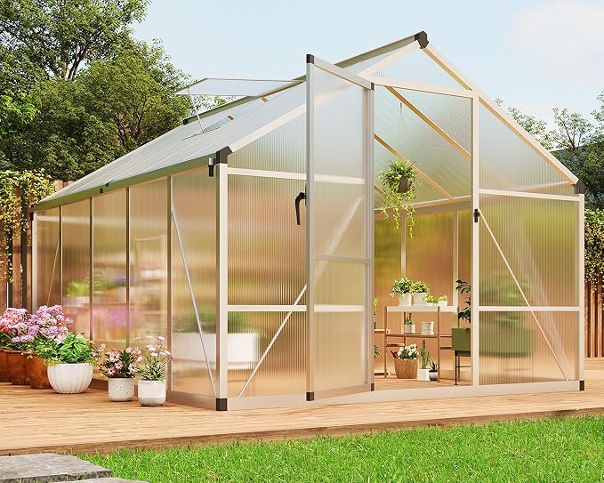 8x10 FT Greenhouse, Greenhouses for Outside, Polycarbonate Greenhouse with Aluminum Frame, Lockable Door and Ajustable Roof Vent for Backyard, Green Houses for Outside Garden Backyard, Patio