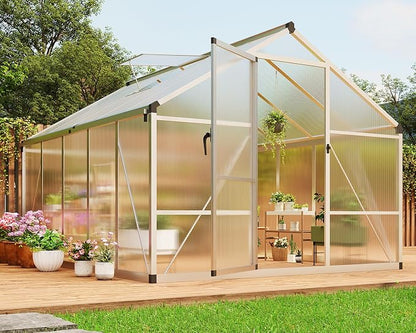 8x10 FT Greenhouse, Greenhouses for Outside, Polycarbonate Greenhouse with Aluminum Frame, Lockable Door and Ajustable Roof Vent for Backyard, Green Houses for Outside Garden Backyard, Patio