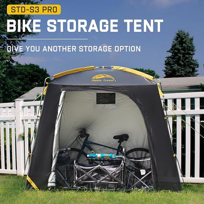 Happy Travel Bike Storage Shed Tent, Waterproof Portable Bike Cover with 40% More Top Space for 2/3/4/5 Bikes,Clips Easy Setup Sheds Shelter with Lockable Bicycle Design for Garden Tools, Lawn Mower