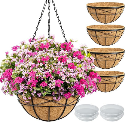 4 Pack 20 Inch Hanging Planters Baskets for Outdoor Plants Extra Large Deep Hanging Baskets with Natural Coconut Liner Flower Pots for Porch Balcony Garden Decor
