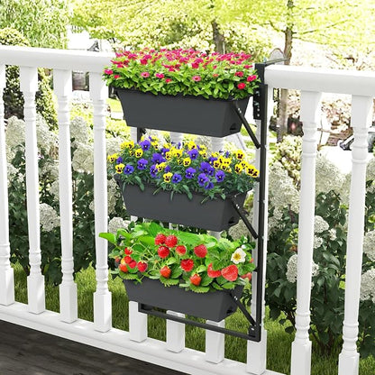 Giantex Set of 2 Vertical Raised Garden Bed, Hanging & Wall-Mounted Planter Garden Boxes, Adjustable Shelf & Detachable Hooks, 3-Tier Railing Raised Beds for Flower Strawberry Vegetable