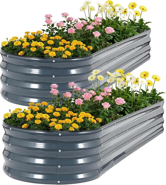 Galvanized Raised Garden Bed 2 Pack, 8x2x1ft Oval Metal Planter Box Outdoor with Support Rods & Corner Protection, Planter Beds for Vegetables, Fruits, Flowers (Grey)