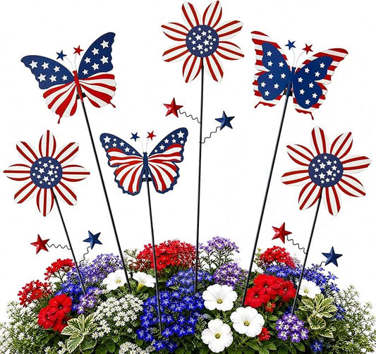 6Pack 4th of July Decorations Outdoor, 18.6Inch Patriotic Metal Flowers Butterfly Decorative Garden Stakes for Independence Day, Americana Patriotic Yard Signs Decor for Garden Lawn Porch