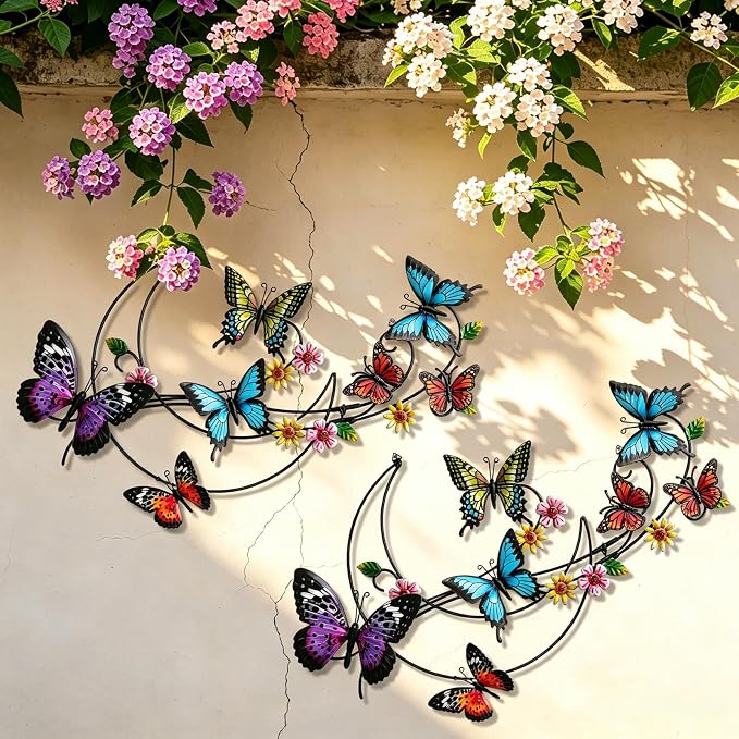 POXOHO Metal Butterflies Outdoor Decor, Indoor & Outdoor Decor, 23.2"×14.7" | Hanging butterfly decorations for fence garden yard patio, 3D & colorful print, gardening gift for men women