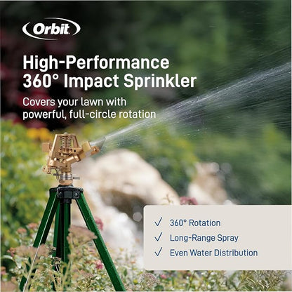 Orbit Tripod Lawn Zinc Impact Sprinkler - 360 Degree Rotating Yard Sprinkler with Adjustable Height - Heavy-Duty Zinc - High-Pressure Nozzle - for Large Lawn Coverage - 56667