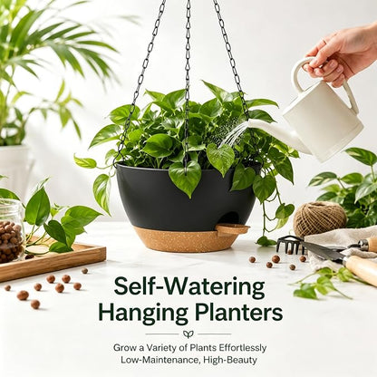12 Inch Self Watering Hanging Planters 2 Pack, Black Brown | Plastic planters with drainage holes and saucers. Suitable for indoor, outdoor, kitchen, balcony and garden plant decor.