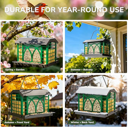Bird Feeders for Outdoors Hanging, Metal Bird Feeder with Double Suet Cage Weatherproof Metal Roof, 3.5Lbs Large Capacity Great for Attracting Finch Cardinal Chickadee Wild Birds, Branch Green