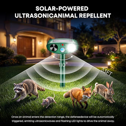 2026 Upgraded Solar Ultrasonic Animal Repeller Outdoor, Sonic Fortress Pro Deer Repellent with Motion, Waterproof,Cat Deterrent for Garden Yard, Squirrel Raccoon Skunk Rabbit Dog Bird (Green, 4-Pack)
