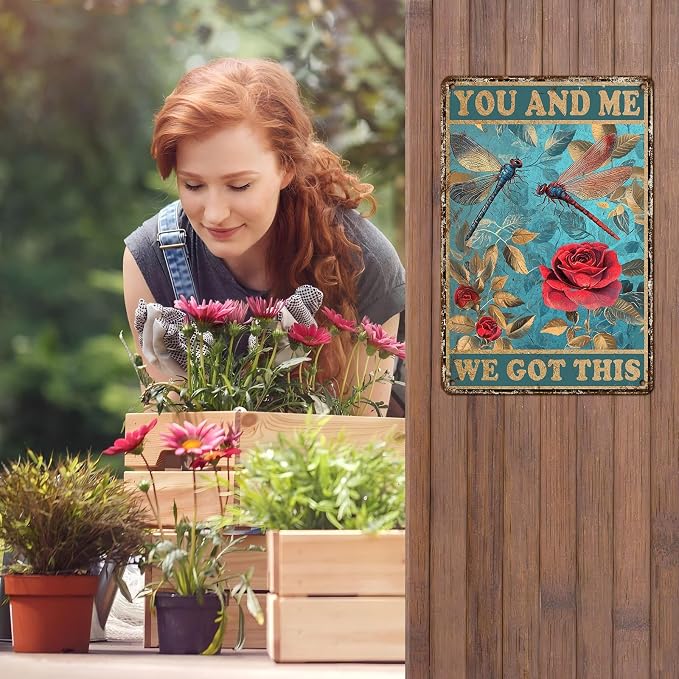 Metal Tin Sign Vintage Retro Wall Decor Roses Garden Dragonfly Tin Sign You and Me We Got This for Home Garden Greenhouse Living Room Bedroom Outdoor Decor 12 * 8inch