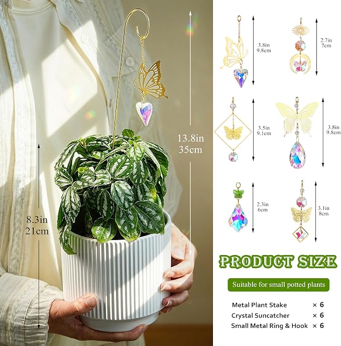 6pcs Crystal Butterfly Suncatchers with 13'' Gold Trellis for Potted Plants | Mini Indoor Plant Accessories,Fairy Garden Stakes Sun Catchers,Gift for Plant Lover,Gardening Enthusiasts,Whimsical decor