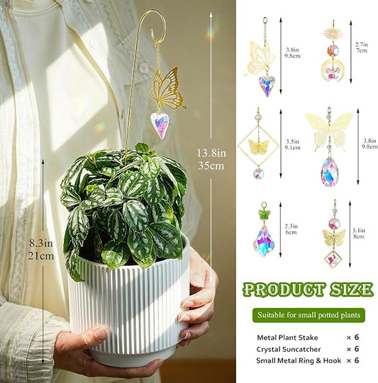 6pcs Crystal Butterfly Suncatchers with 13'' Gold Trellis for Potted Plants | Mini Indoor Plant Accessories,Fairy Garden Stakes Sun Catchers,Gift for Plant Lover,Gardening Enthusiasts,Whimsical decor
