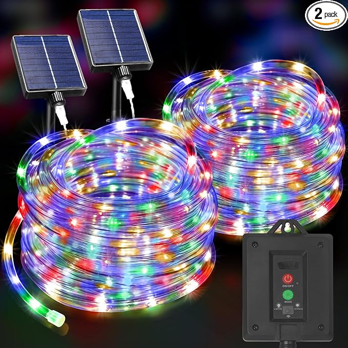 KNONEW Solar Rope Lights Outdoor 2 Packs Total 600LED 100FT Solar String Light Outside Waterproof with 8 Modes Clear Thin Tube for Pool Patio Garden Fence Camping Yard Deck Trampoline（Multicolor）