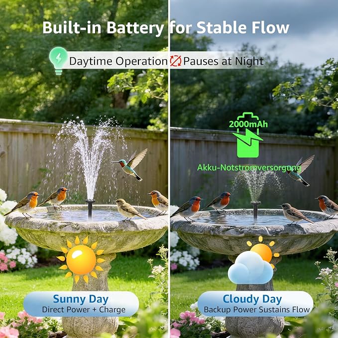 Solar Bird Bath Fountain Pump, 4W Solar Water Pump with 2000mAh Battery Backup, 5 Spray Modes & 4Ft PVC Tubing, Solar Powered Fountain for Bird Bath, Garden Pond and Outdoor Water Feature