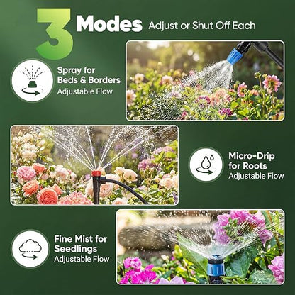 Drip Irrigation System Kit, 230FT Garden Watering System with 33FT 1/2" Main Line and 197FT 1/4" Drip Line, Adjustable Emitters and Quick-Connect Fittings for Raised Beds, Lawn, Greenhouse