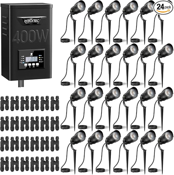 HIBOITEC 24 Packs Low Voltage Landscape Lights Kit with 400W Transformer, Dusk to Dawn & Timer, 12W 2900K Waterproof LED Outdoor Spotlights for Yard Garden Tree House Uplighting, Wire Sold Separately