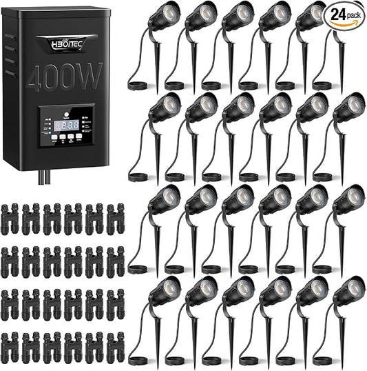 HIBOITEC 24 Packs Low Voltage Landscape Lights Kit with 400W Transformer, Dusk to Dawn & Timer, 12W 2900K Waterproof LED Outdoor Spotlights for Yard Garden Tree House Uplighting, Wire Sold Separately