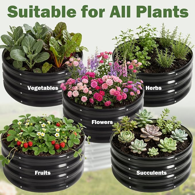 3 PCS Round Raised Garden Bed 2x2x1 ft, Metal Outdoor Planter Box Kit with Safety Rubber Edge, Easy Assemble Bottomless Small Planting Container for Vegetable, Flower, Fruit, Grey