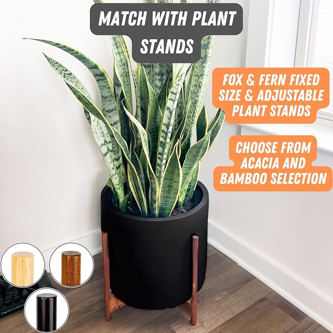 Fox & Fern Large Indoor Planter, Modern Large Plant Pot for Indoor or Outdoor, UV and Frost Resistant - 14.6 Inch, Matte Black Flower Pot with Drainage Plug, Lightweight