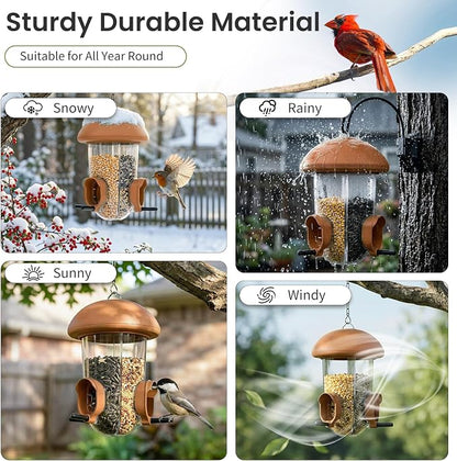 LONA Bird Feeders for Outdoors Hanging – 3 Separate Compartments, 3 Feeding Ports, Weatherproof Dome & 3 Ways to Hang, Large Capacity for Cardinals/Finches (Brown，Plus