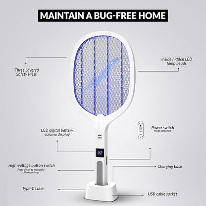WBM SMART 2 in 1 Electric Bug Zapper, Mosquitoes Trap Lamp & Racket, USB Rechargeable Electric Fly Swatter for Home and Outdoor Powerful Grid 3-Layer Safety Mesh Safe to Touch, Pack of 2