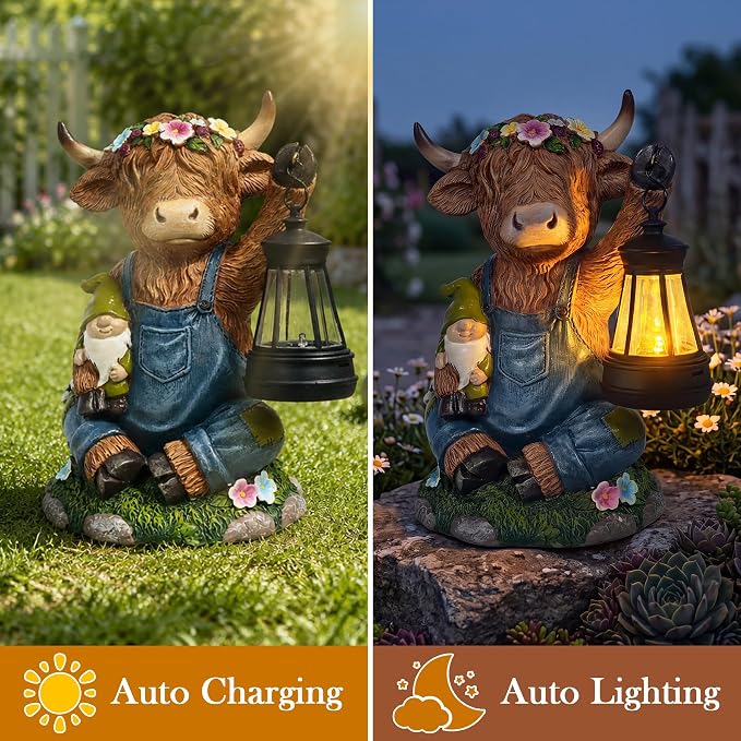 Solar Highland Cow Statue with LED Light - 6.6" Resin Scottish Cow Lantern Figurine, Farmhouse Animal Garden Decor for Pasture Patio Lawn Yard Outdoor Indoor, Housewarming Easter Gift for Women Mom