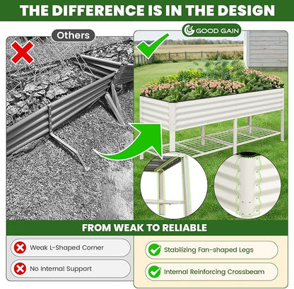 Elevated Raised Garden Bed 2' x 6'- Galvanized Metal Planter Boxes with Legs & Storage Rack, Outdoor Planters for Backyard/Patio/Balcony, with Drainage Holes for Vegetables, Flowers, Herbs, White