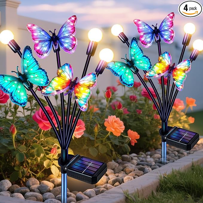 Solar Butterfly Lights Outdoor 2 Pack, Waterproof Solar Butterfly Firefly Garden Lights with Dynamic Fluttering Butterfly Effect, Outdoor Decor Lights for Yard Patio Lawn, Garden Gifts for Mom Women