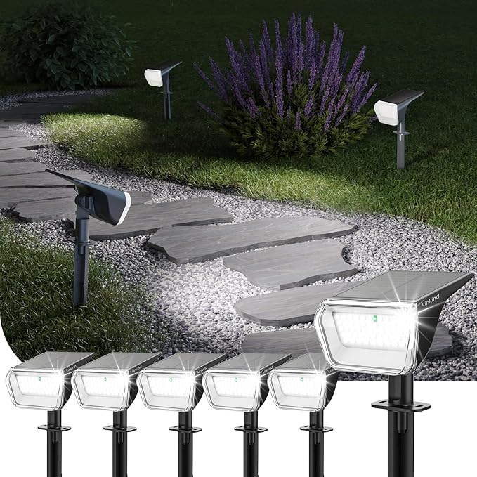 Linkind Solar Spot Lights Outdoor Waterproof IP67, 60 LED Solar Flood Lights 30% High Conversion Landscape Lighting for Garden Yard Pathway (6 Pack, Cool White)