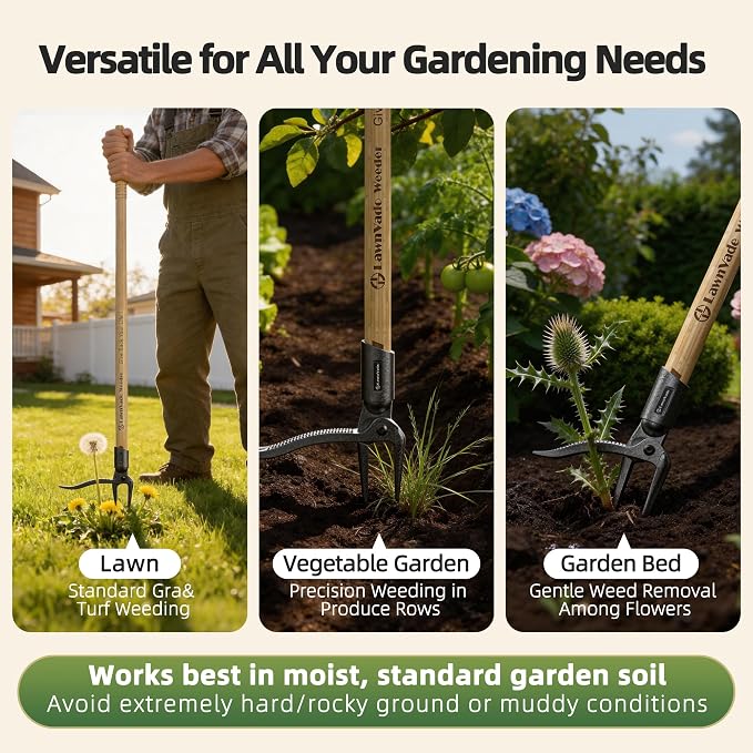 Stand Up Weed Puller Tool, Long Handle Weed Remover with Upgraded 4-Claw Steel Head, Manual Root Removal Tool for Lawn & Garden, No-Bend Weed Puller, Natural Bamboo Handle