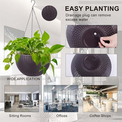Vencer 11 Inch Round Resin Rattan Hanging Planters,Coffee,VF-A15-C | Self Watering,Drain Hole,Metal Chain,Water Indicator,Indoor Outdoor