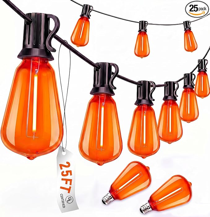 25FT Halloween Orange ST38 LED Outdoor String Lights with 25 Orange Edison Bulbs, Connectable Waterproof Hanging Patio Lights for Halloween, Thanksgiving, Backyard, Porch, Party Decor
