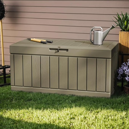 Greesum 82 Gallon Resin Deck Box All Weather Large Outdoor Storage for Patio Furniture, Toys, Garden Tools, Lockable, Light Coffee