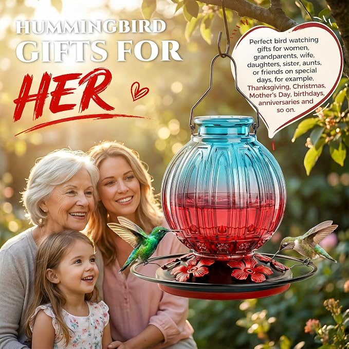 Glass Hummingbird Feeder for Outdoors Hanging, 26Oz Bird Nectar Feeder with Perch & 5 Flower Feeding Ports, Leak Proof for Outside Garden Decor Backyard, Gifts for Women Mom, Blue & Red